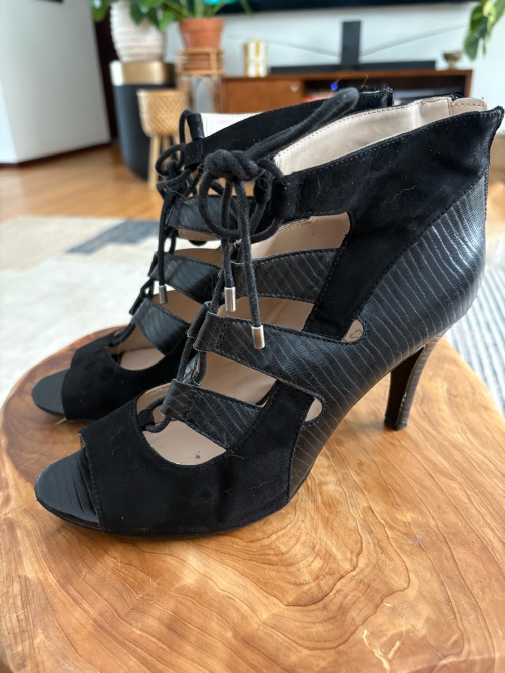 Nine West Black Lace-Up Cutout Stiletto Heels